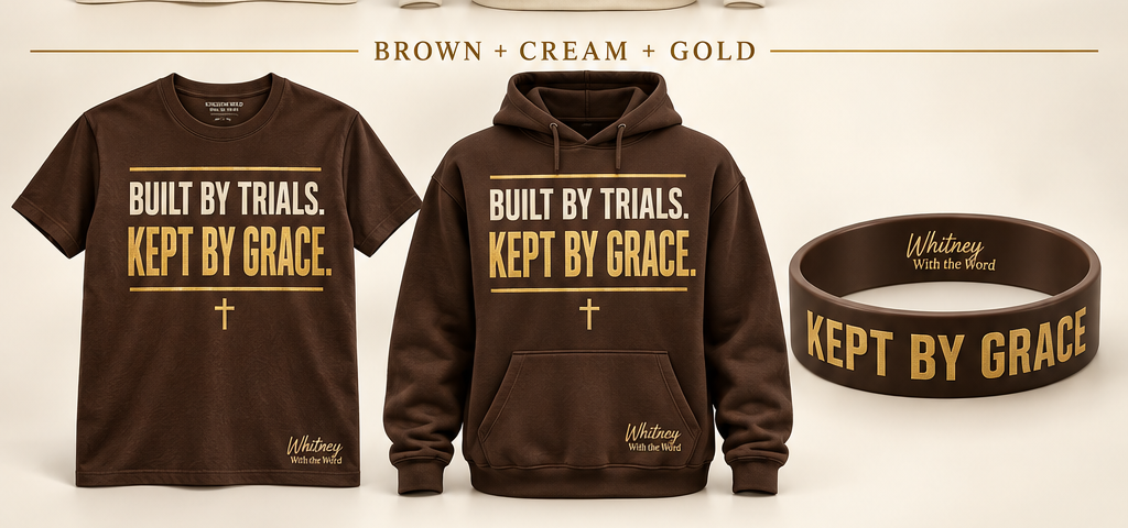 Brown, cream, and gold Built by Trials Kept by Grace T-shirt, hoodie, and bracelet