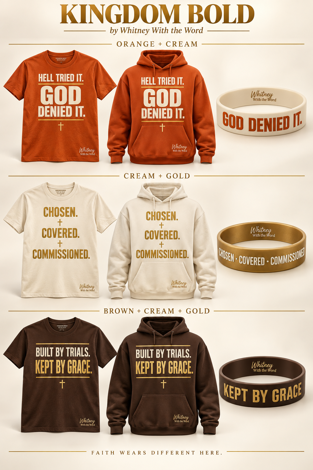 Kingdom Bold collection featuring T-shirts, pullover hoodies, and bracelet bands